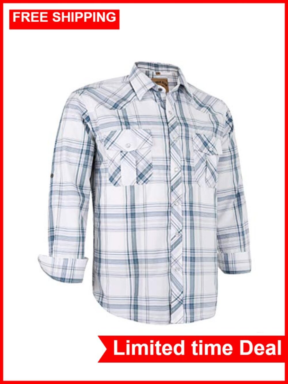 Men's Western Pearl Snap Button Up Long Sleeve Work Shirt with Two Pockets